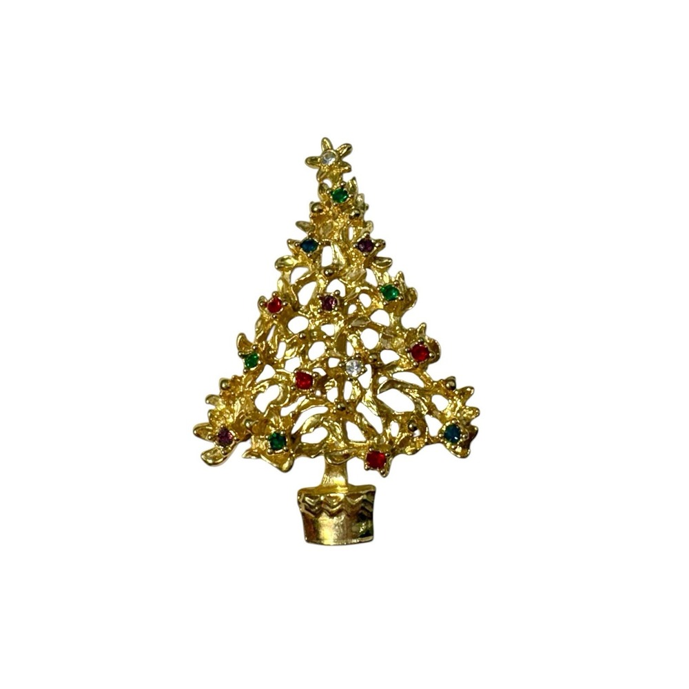 Vintage Gold Tone Colorful Rhinestone Ornaments Christmas Pine Tree Brooch Pin